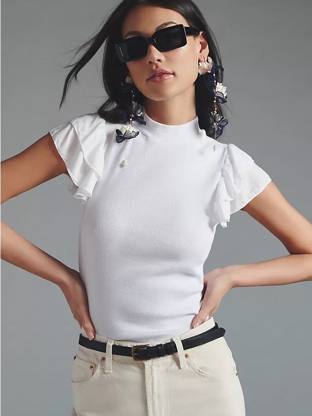 Anthropologie T.La Women's White Ruffle Sleeve Knit Top